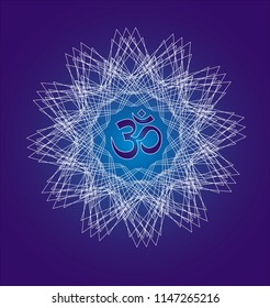 Openwork white mandala with the Aum / Om / Ohm sign on a blue background. A graceful geometric pattern. Spiritual symbol. Vector graphics.
