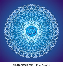 Openwork white mandala with the Aum / Om / Ohm sign on a blue background. A graceful geometric pattern. Spiritual symbol.   Vector picture graphics.