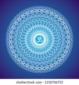 Openwork white mandala with the Aum / Om / Ohm sign on a blue background. A graceful geometric pattern. Spiritual symbol.   Vector picture graphics.