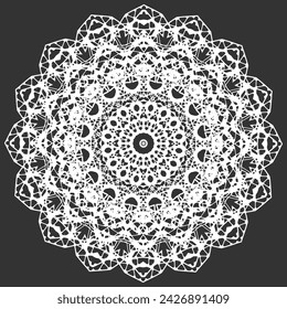 Openwork white mandala on a black background. Version No. 4. Vector illustration