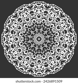 Openwork white mandala on a black background. Version No. 3. Vector illustration