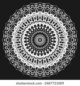 Openwork white mandala on a black background. Version 2, Vector illustration