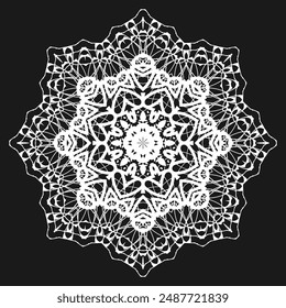 Mandala blanca calada sobre fondo negro. Versión 3. Ilustración vectorial