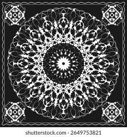 Mandala branca de Openwork em um fundo preto. Design para uma bandana, lenço, toalha de mesa ou outro. Ilustração vetorial
