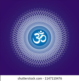 Openwork white  mandala with a sign of Aum  / Om / Ohm on a dark blue background. A graceful geometric pattern. Spiritual symbol