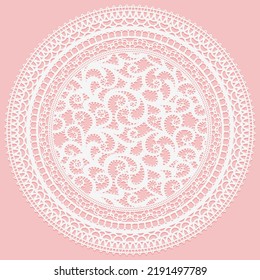 Openwork white napkin. Cute Lace doily frame round element on pink background. Vector illustration