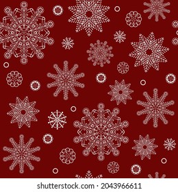 Weiße Schneeflocken auf dunkelrotem Hintergrund, nahtlose Vektorgrafik. Winterweihnachtsdruck für Geschenkpapier, Cover, Wallpaper, Stoffe, Web, etc.