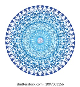 Openwork white-blue mandala with a sign of Aum (Om, Ohm) on a dark blue background. A graceful geometric pattern. Vector graphics.