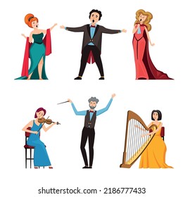 opera artists. adult musicians and classical singers male and female on music stage. Vector cartoon performing people