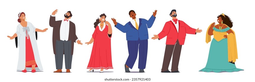 Opera Artists Characters Captivate With Powerful Vocals And Dramatic Performances. Their Emotive Expressions And Impressive Range Bring Timeless Stories To Life On Stage. Cartoon Vector Illustration