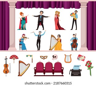 opera artists. classical opera musical instruments singers male and female violinist cellist. Vector cartoon characters