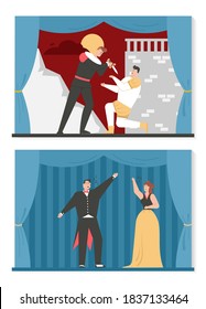 Opera and ballet theater set isolated scenes. Historical scene performance with dramatic duel of knights actors. Opera singers in classic costume sings aria playing on stage. Vector character