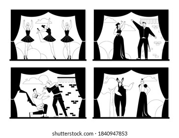 Opera and ballet theater set isolated scenes. Opera singers sings in performance. Ballerinas dancing. Historical drama and children performances. Vector character linear illustration in graphic style