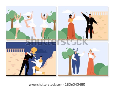 Opera and ballet theater set isolated scenes. Ballerinas dancing. Opera singers sings in performance. Historical scene with duel of knights. Princess and bunny on stage. Vector character illustration