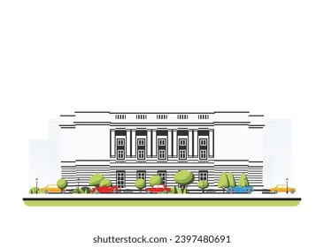 Opera building with columns in flat style with trees and cars. Vector illustration. City scene isolated on white background. Urban architecture. Theater building.