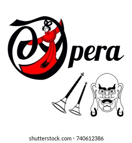 Opera of China card with instruments and mask. Vector illustration.