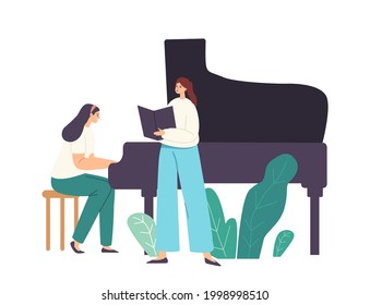 Opera, Chorus or Soloist Performance on Stage, Pianist Female Character Playing Musical Composition on Grand Piano for Woman Singer Singing Song with Book in Hands. Cartoon People Vector Illustration