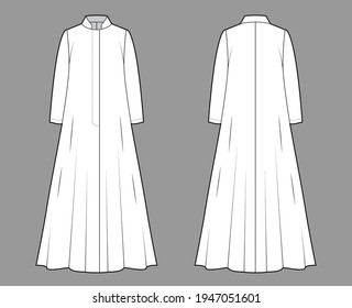 Opera coat technical fashion illustration with long sleeves, stand collar, oversized trapeze body, floor maxi length. Flat jacket template front, back, white color style. Women, men, unisex CAD mockup