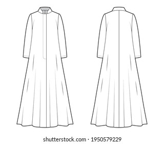 Opera coat technical fashion illustration with long sleeves, stand collar, oversized trapeze body, floor maxi length. Flat jacket template front, back, white color style. Women, men, unisex CAD mockup