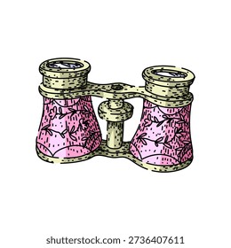 Opera glasses presenting a detailed illustration with ornate pink floral patterns, perfect for themes of theater, performance, and classic entertainment on a white background