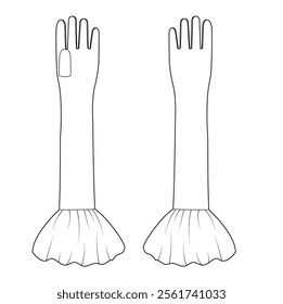 Opera Gloves warm Elbow length boot type Fashion hand accessory clothing technical illustration garment. Vector for Men, women, unisex style flat template CAD mockup sketch outline on white background