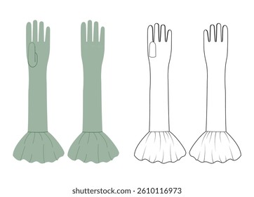 Opera Gloves warm Elbow length boot type evergreen jade cartoon and sketch outline Fashion hand accessory clothing technical illustration garment. Vector for Men, women, unisex style flat template CAD