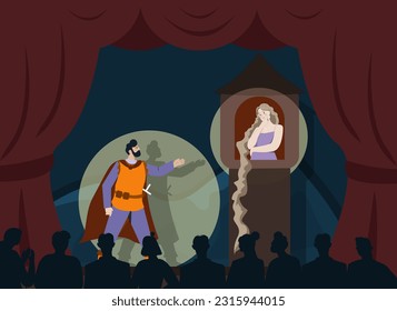 Opera house performing concept. Man and woman on stage play medieval characters. Prince saves princess from ancient tower. Creativity and art, public speaking. Cartoon flat vector illustration