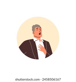 Opera male singer vector flat illustration. Classical music show artist premiere. Concerto of vocalist avatar in round frame. Cartoon theatre actor in elegant suit, concert hall performance