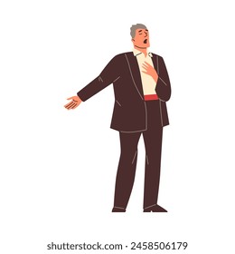 Opera male singer vector flat illustration. Cartoon theatre actor in elegant suit, concert hall performance. Classical music show artist. Premiere, concerto of vocalist