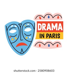 Opera mask with drama in paris text, flat sticker 
