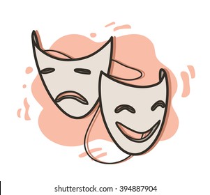 Opera Masks, A Hand Drawn Vector Illustration Of Happy And Sad Expression Opera Masks On Simple Background (editable).