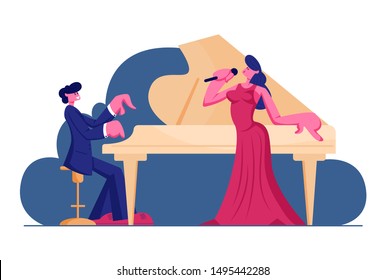 Opera Performance on Stage. Pianist Wearing Concert Costume Playing Musical Composition on Grand Piano for Woman Singer in Festive Gown Singing Song with Microphone. Cartoon Flat Vector Illustration