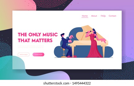 Opera Performance on Stage Website Landing Page. Pianist Playing Classic Music on Grand Piano for Woman Singer in Gown Singing Song with Microphone Web Page Banner. Cartoon Flat Vector Illustration