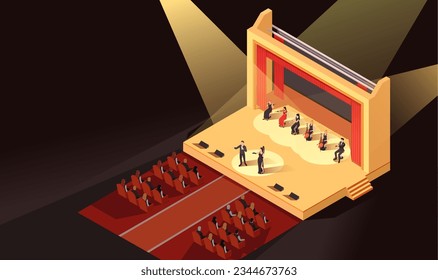 Rendimiento de ópera. Arte de conciertos de teatro. Diseño de orquesta. Instrumento musical, melodía de violín. Concepto clásico del evento. Conductor sinfónico profesional. Banda creativa. Isometric vector ilustración