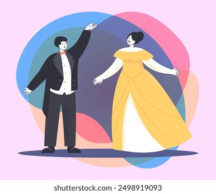 Opera performance in theatre flat vector illustration. Male and female tenor singers on stage performing drama or tragedy . Music, performance concept for banner design