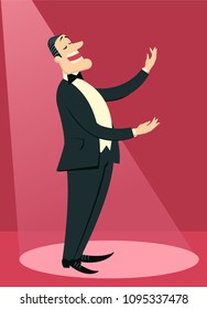 Opera popular singer man in black suit sings in theater 