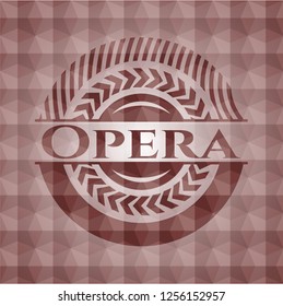 Opera red seamless emblem or badge with abstract geometric polygonal pattern background.