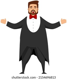 Opera singer male character sing song, man in black tuxedo at concert. Vector flat vocalist classical artist dressed in tailcoat performs in theater in front of audience. Listeners enjoy tenor singing
