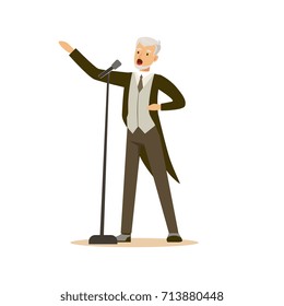 Opera singer man wearing an elegant tuxedo performing a song vector Illustration