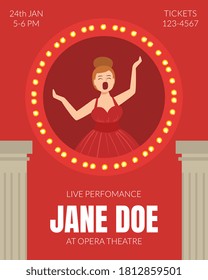 Opera Singer Singing on Stage Poster, Classical Music Live Concert Flyer, Banner Vector Illustration