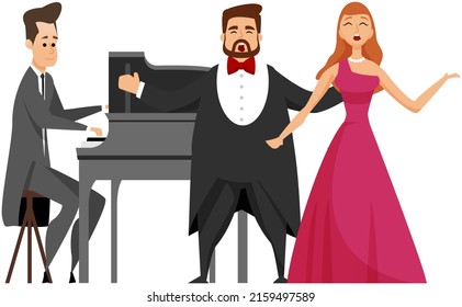 Opera singers and musician pianist at piano on stage. Concert hall perfomance flat color vector. Evening show of beutiful songs. Elegant classical music show artists. Premiere, concerto of vocalists