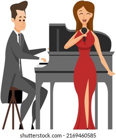 Opera singers and musician pianist at piano on stage. Concert hall perfomance flat color vector. Evening show of beutiful songs. Elegant classical music show artists. Premiere, concerto of vocalists