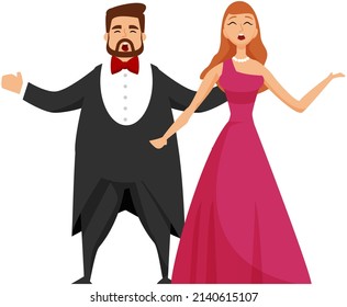 Opera singers musicians man and woman on stage. Concert hall perfomance flat color vector. Evening show of beutiful songs. Elegant classical music show artists. Premiere concerto of vocalists in opera