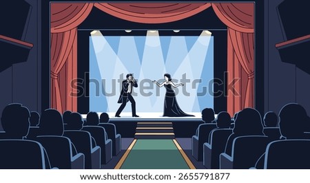 Opera singers performing on a brightly lit stage to an appreciative audience in a grand theater setting