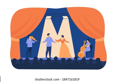 Opera singers playing on stage with musicians. Theatre performers wearing costumes, standing under spotlights and singing before audience. Flat cartoon illustration for drama, performance concept