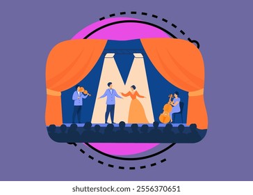 Opera singers playing on stage with musicians. Theatre performers wearing costumes, standing under spotlights and singing before audience. Flat cartoon illustration for drama, performance concept