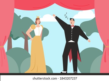 Opera singers playing in performance on stage of theater. Actor in classic costume sings aria. Actress in queen outfit listen song. Vector character illustration of cultural event, entertainment show