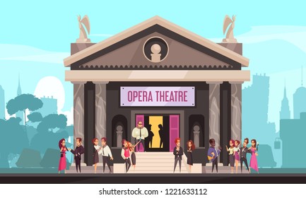 Opera theater building facade outdoor view with public on front entrance stairway cityscape background flat vector illustration