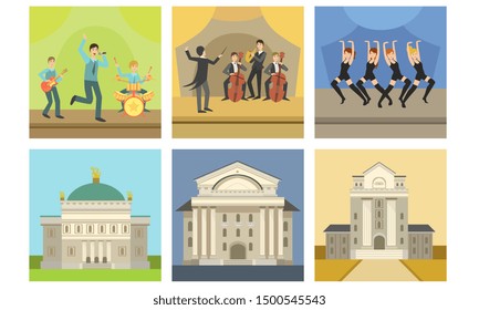 Opera or Theater Building Facade Set, Singers and Musicians Performing on Stage Vector Illustration
