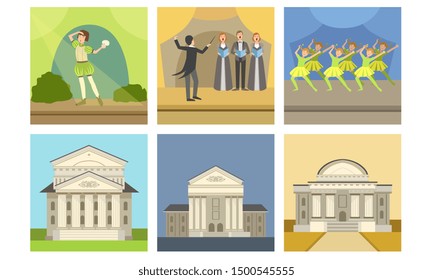 Opera or Theater Building Facade Set, Actors Performing on Stage, Concert, Opera, Singer Musicians and Conductor Vector Illustration